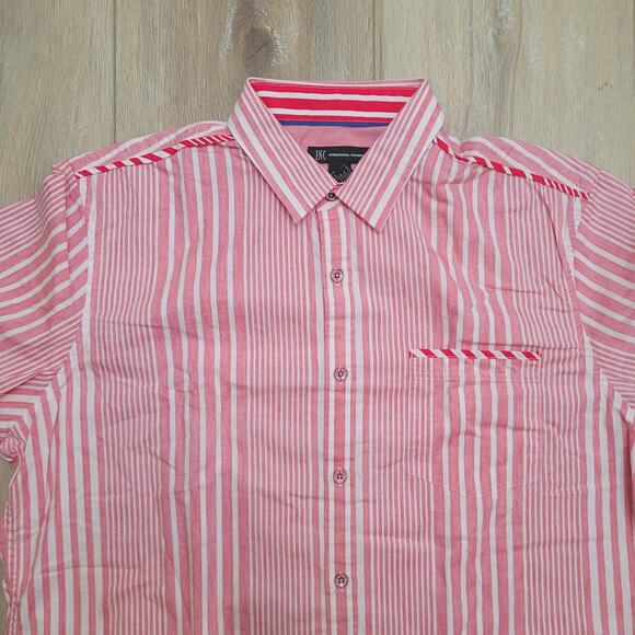 INC Shirt Mens XL (Tag L Relaxed) Pink Stripe Button Up Contrast Pocket Preppy - Picture 2 of 5